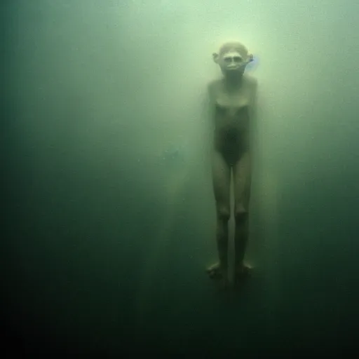 Image similar to sea monster about to eat pov underwater, pale skin, dark yellowish water, foggy water, dark, dramatic,'silent hill ', big eyes, alluring and terrifying, cinematic