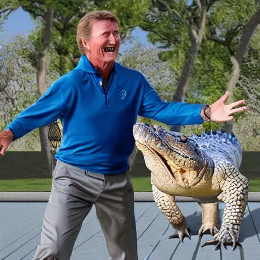 Prompt: Steve Spurrier dancing with an alligator, high detail, photo realistic, rendered 8k