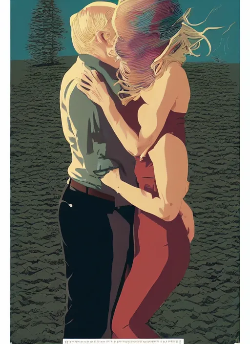 Prompt: poster artwork by Michael Whelan and Tomer Hanuka, Karol Bak of Naomi Watts & Philip Seymour Hoffman falling in love, from scene from Twin Peaks, clean, simple illustration, nostalgic, domestic, full of details