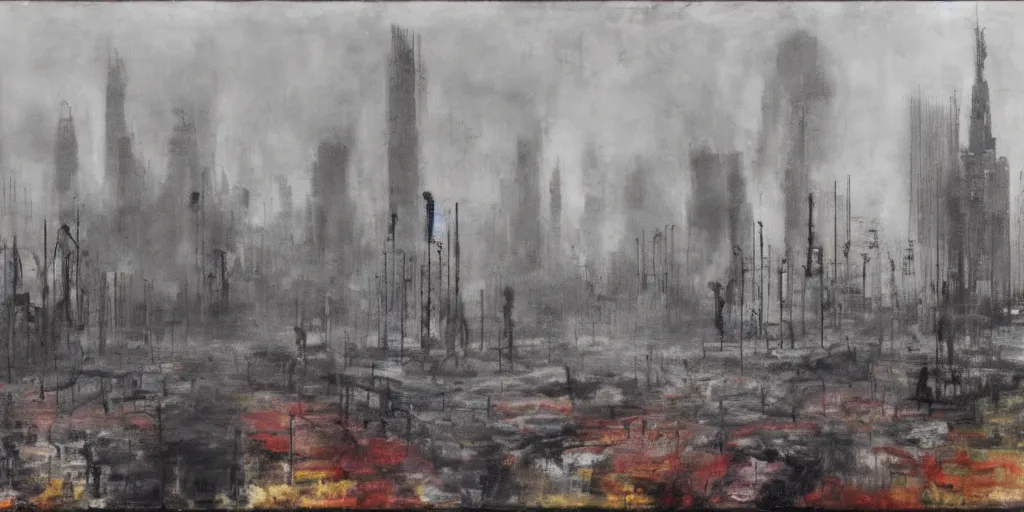 Prompt: a melancholic post-apocalyptic Moscow, destroyed by nuclear bomb, mutants creatures swarming, atmosphere of silent hill, Mark Rothko, Gerhard Richter, Marlene Dumas, Adrian Ghenie