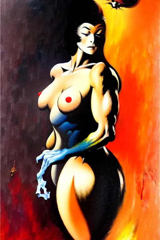 Prompt: beautiful woman by frank frazetta painted over a print of abstract suprematic painting