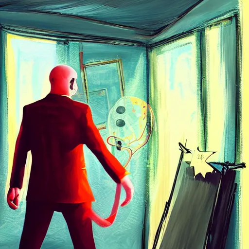 Image similar to portrait of agent 4 7 as a clown, colorful, circus background, cinematic, dramatic light, high detail, inside a messy room, masterpiece, art by jisu choe