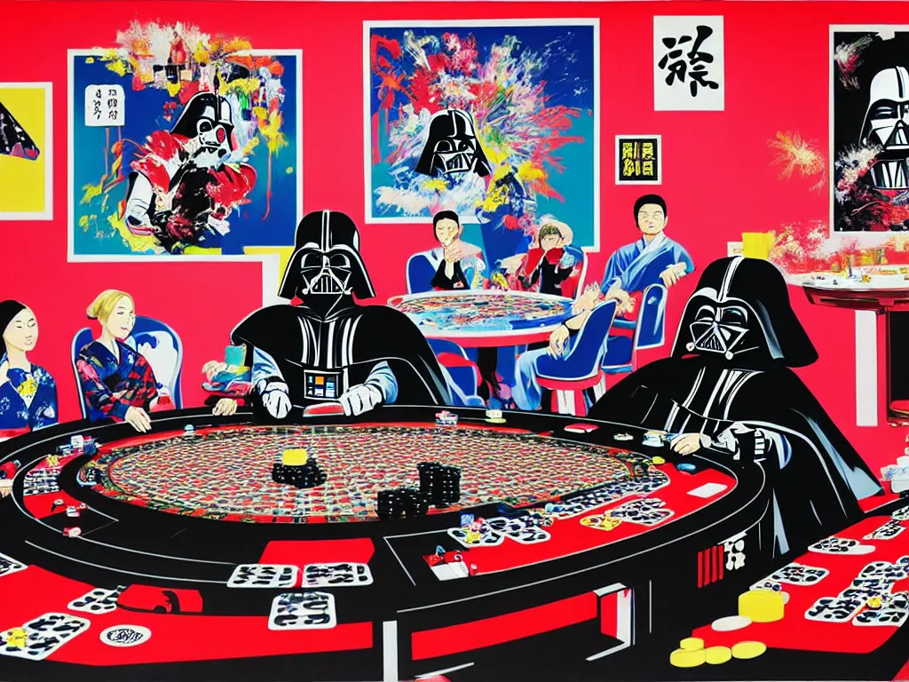 Image similar to hyper - realistic composition of a large room with an extremely detailed poker table in the center, woman in traditional japanese kimono standing nearby, darth vader sitting at the table, fireworks in the background, pop art style, jackie tsai style, andy warhol style, acrylic on canvas, dull palette