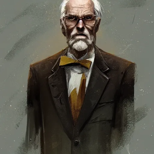 Image similar to a painted portrait of a tall old man in a golden suit, D&D, sci-fi, elegant, hopeful, muscular, highly detailed, digital painting, artstation, concept art, smooth, sharp focus, illustration