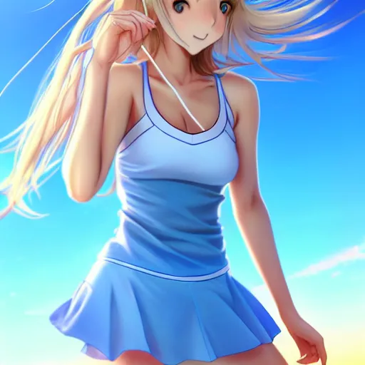 Prompt: a very beautiful young mature anime tennis girl, full body, long wavy blond hair, sky blue eyes, full round face, short smile, bikini, miniskirt, highly detailed, cinematic wallpaper by stanley artgerm lau