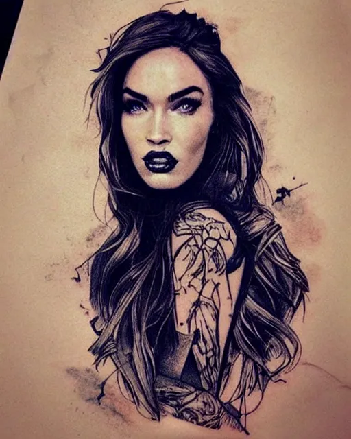 Prompt: megan fox face faded in beautiful realistic majestic mountains, double exposure effect, medium sized tattoo sketch, amazing detail, trending on pinterest, in the style of brandon kidwell