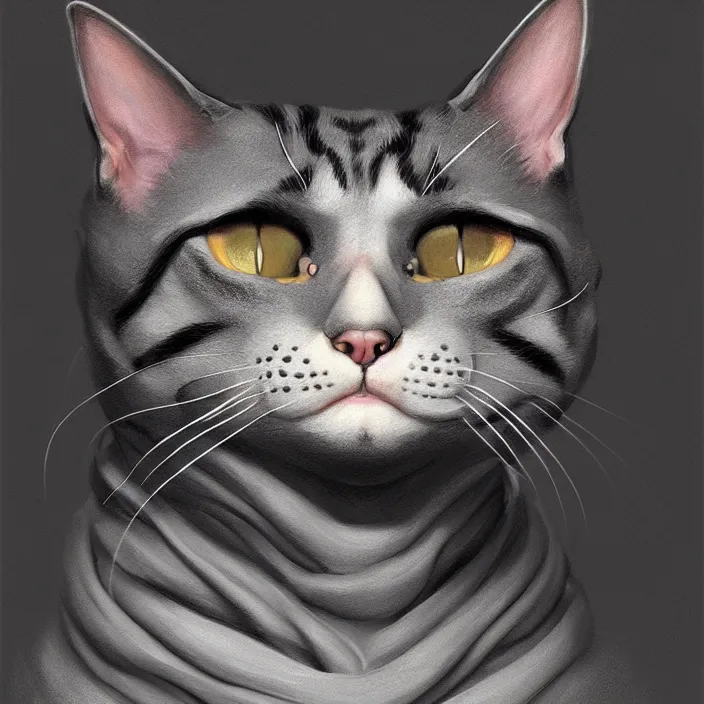 Image similar to profile face portrait of a cat shape like dog eating cakes in the cloisters, beautiful face, hyper realistic, highly detailed, digital painting, artstation, illustration, concept art by hyung tae and frank frazetta, digital paint, matte paint, washed colors, dark, gloomy
