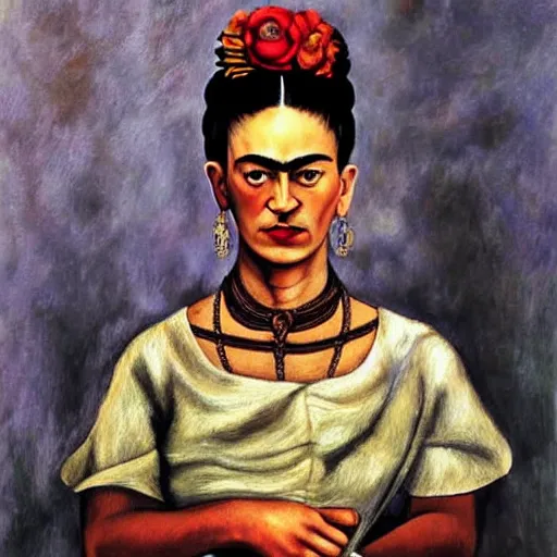 Prompt: oil painting of Frida kahlo standing and holding a knife