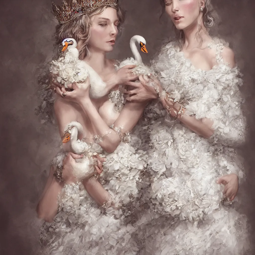 Image similar to a queen with a decorated dress made of white and cream colored roses holding a swan in her arms, highly detailed, digital painting, trending on artstation , HD quality, by meredit frampton dramatic light, octane