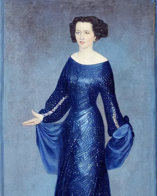 Prompt: an expensive portrait of a poised woman in metallic starry blue long structured robes, high collar, muted background