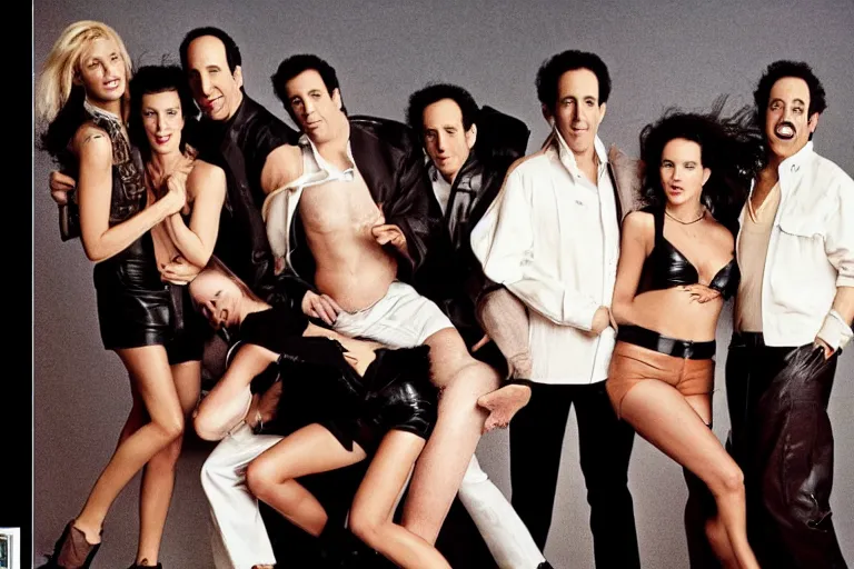 Prompt: a high fashion photograph of the cast of seinfeld wearing leather, rolling stone magazine, fashion photography.