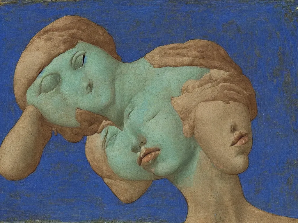 Image similar to greek sculpture head of a lamenting woman lying in the sand. lapis - lazuli, turquoise, malachite, cinnabar, earth brown. painting by piero della francesca, balthus, agnes pelton