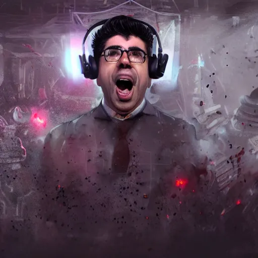 Image similar to tony khan wearing a headset, yelling furiously, piles of white powder everywhere, scolding, background filled with frightened people, intense, hyper detailed, artstation, flashing lights, hyper anger, intricate detail, concept art, 8 k