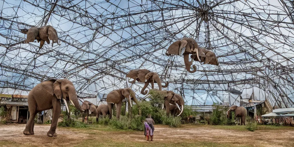 Prompt: elephant spirits flying above an abandoned amusement park tent