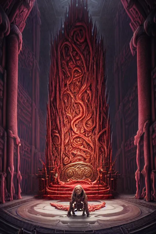 Image similar to a highly detailed matte painting of abominations kneeling inside an expansive throne room with an enormous throne made of writhing flesh and entrails by studio ghibli, makoto shinkai, by artgerm, by wlop, by greg rutkowski, red tones, volumetric lighting, octane render, 4 k resolution, trending on artstation, masterpiece