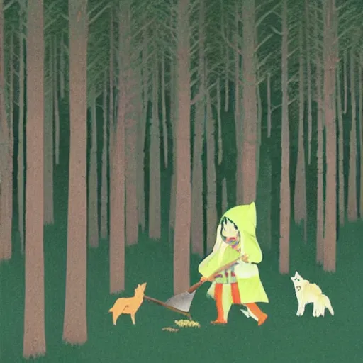 Prompt: little green riding hood: wolf hunter wielding an axe, forest misty by Chiho Aoshima