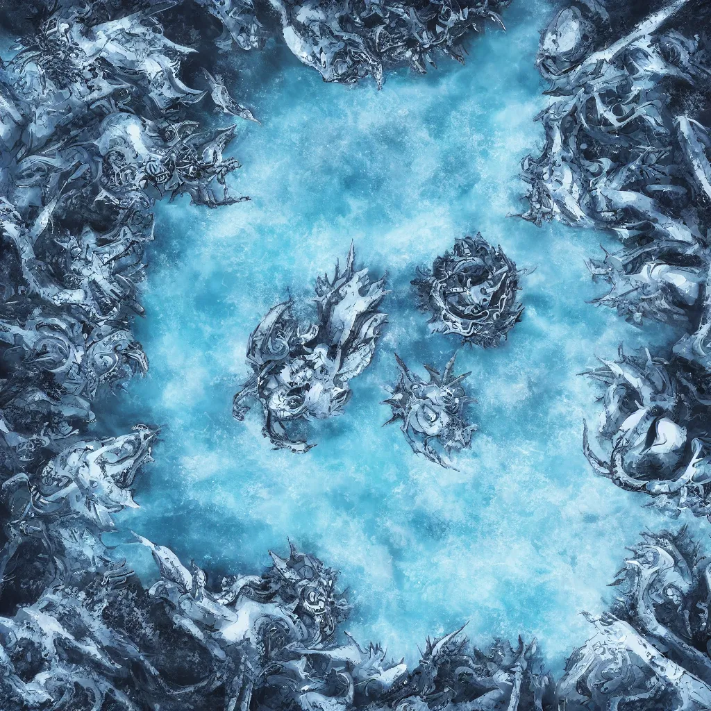 Image similar to a d & d background of a frozen lake with monsters beneath the ice, viewed from above, high quality digital art, gridless, vivid, blue tones, oil painting, trending on arstation, oil painting