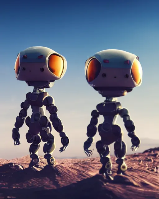 Image similar to high quality presentation photo of cute alien robots on mars, photography 4k, full body, f1.8 anamorphic, bokeh, 4k, Canon, Nikon