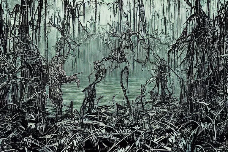 Image similar to scene from louisiana swamps, true detective, artwork by philippe druillet