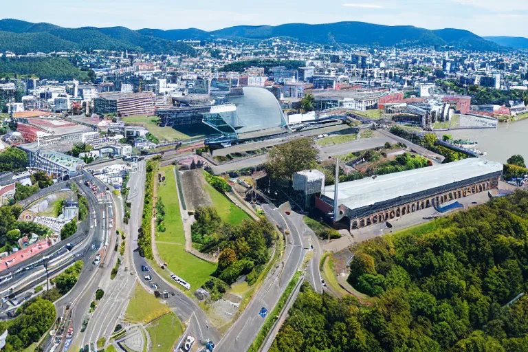 Image similar to bird's eye view photography of a small city. town hall, central farm, monorail station, beach and shipping dock. hills, woods and lake to the north.