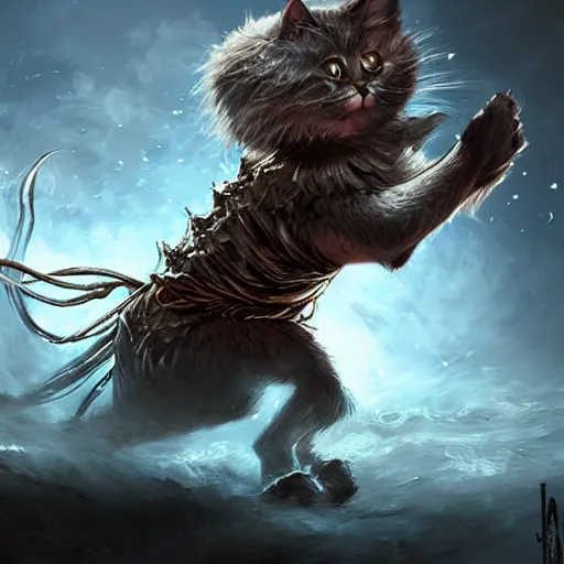 Image similar to a hyper realistic cat warrior, ultra detailed, magic the gathering art, digital art, cinematic, studio lighting, background battlefield, fantasy,