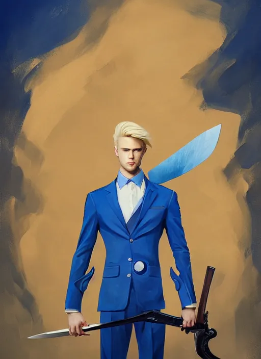 Image similar to artgerm portrait painting of a blond man in a blue suit with a sword and a pistol, asymmetrical, profile picture, organic painting, sunny day, matte painting, bold shapes, hard edges, street art, trending on artstation, by huang guangjian, gil elvgren, ruan jia, randy vargas, greg rutkowski