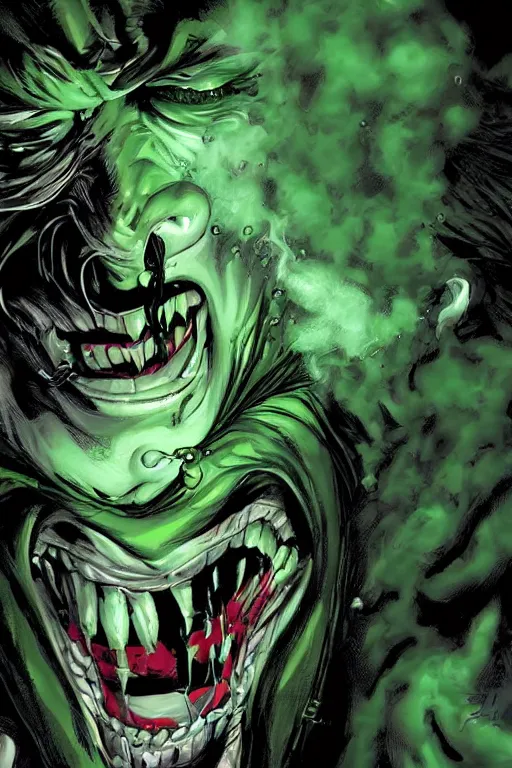 Prompt: angry joker, clenching teeth, with ghost smokes behind, green scary lights, illustration, jason fabok, jim lee, mark brooks, alex ross style, dark fantasy color scheme, cinematic, mysterious