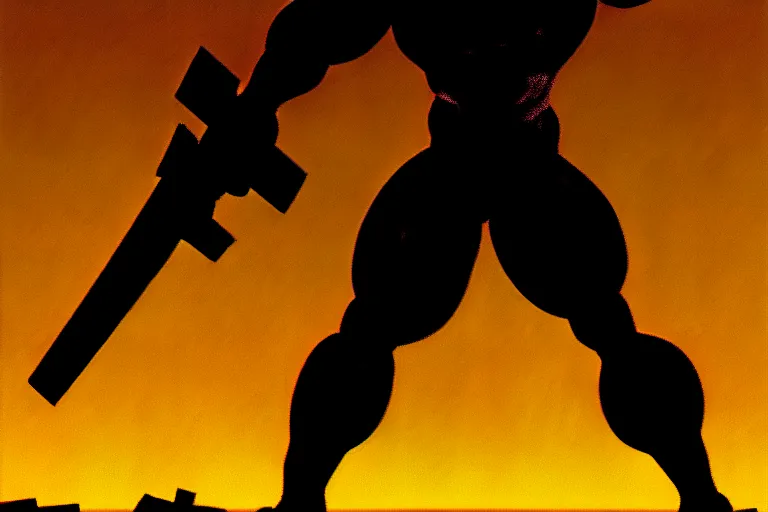 Image similar to god of weapons, sci - fi, full figure, epic stance, wide angle view, by frank miller