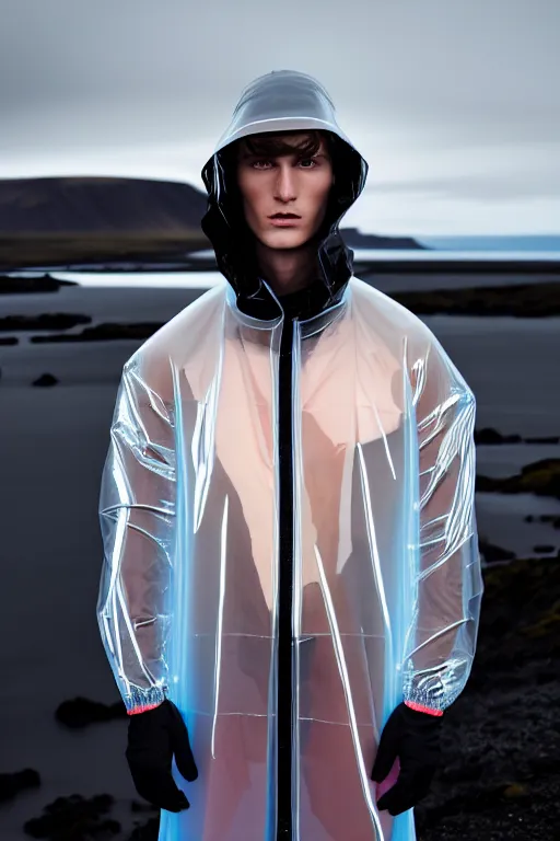 Image similar to an ultra high definition professional high fashion portrait studio full length photograph of a male model wearing a transparent pearlescent raincoat and neon visor in an icelandic black rock environment at dawn. no artefacts. extremely detailed. stark. refraction. shallow depth of field. volumetric light and shadow. ray tracing. light rays.