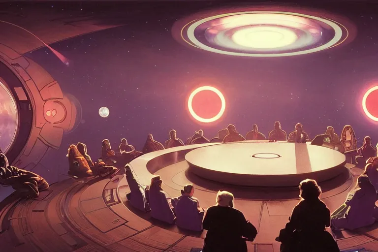 Image similar to front view of a circular meeting room with bright holodesk in the center showing levitating planets of a solar system, dark people discussing, contrasted light, clair obscur, star wars vibe, star treck vibe, by greg rutkowski, by alphonse mucha, by moebius, muted colors