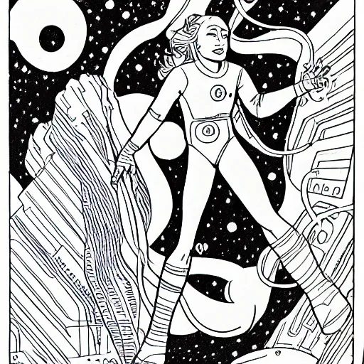 Image similar to clean simple line art of a woman floating in space wearing a space suit. no background. well composed, clean coloring book page, beautiful detailed face. coloring book line art by mike mignola and steve ditko