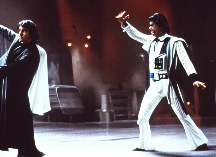 Image similar to film still of Darth Vader dancing as Tony Manero in Staying Alive 1983,