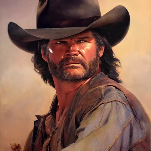 Image similar to ultra realistic portrait painting of kurt russel as a western outlaw, art by frank frazetta, 4 k, ultra realistic, highly detailed, epic lighting