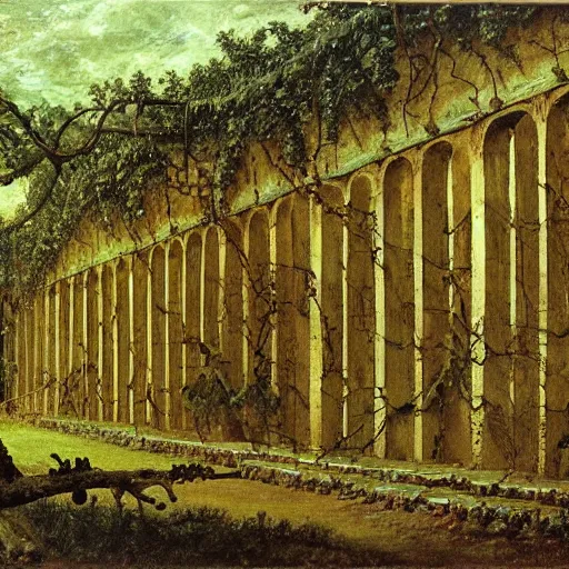 Prompt: a data center filled with server racks surrounded by ancient ruins and covered in vines, Caspar David Friedrich, oil painting