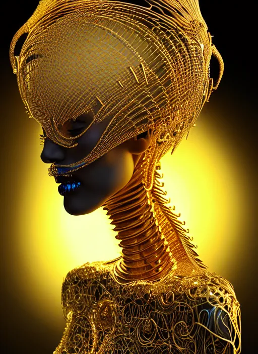 Image similar to portrait of an absurdly beautiful, graceful, sophisticated, fashionable futuristic female golden skeleton with sections of skin showing, glowing internal warm light, hyperdetailed illustration by irakli nadar and alexandre ferra, intricate linework, faberge, intricate gold headdress, dark atmosphere, unreal engine 5 highly rendered, global illumination, radiant light, detailed and intricate environment