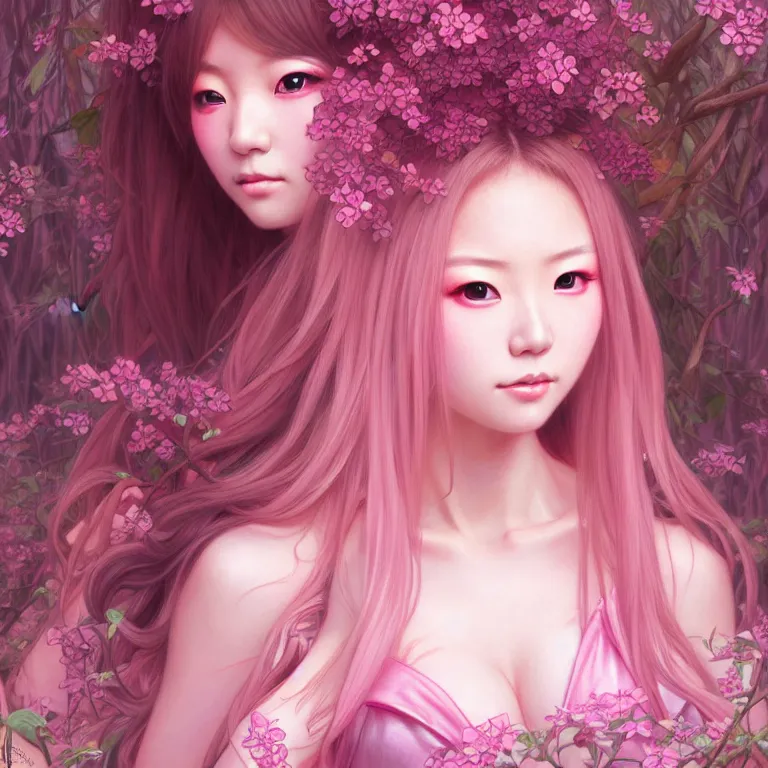 Image similar to Portrait of japanese gyaru, D&D, pink eyes, face, fantasy, intricate, elegant, in pink forest, highly detailed, digital painting, artstation, concept art, smooth, sharp focus, illustration, art by artgerm and greg rutkowski and alphonse mucha