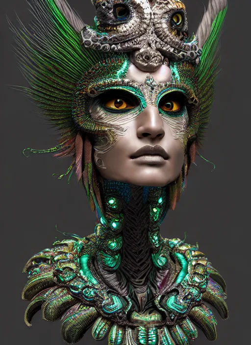Prompt: 3 d mexican goddess medium shot portrait. beautiful intricate highly detailed quetzalcoatl helm and feathers. low - key lighting, bioluminescent, plasma, lava, ice, water, wind, stingray, magpie, creature, artwork by tooth wu and wlop and and annie leibovitz, 8 k trending on artstation,