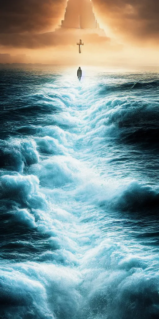 Image similar to a path through the sea, path, wall of water either side, biblical, exodus 1 4 : 2 1 & 2 2, moses, by stephen king, cinematic, hyperrealistic, evil, dark, cgsociety, 8 k