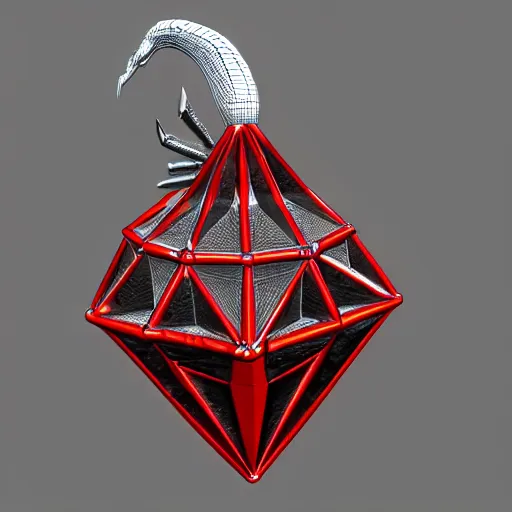 Prompt: a 3d game object of the metal key for the cage that has shape of the dragon and large red diamond in it, it is very detailed, on the white background, rpg game inventory item