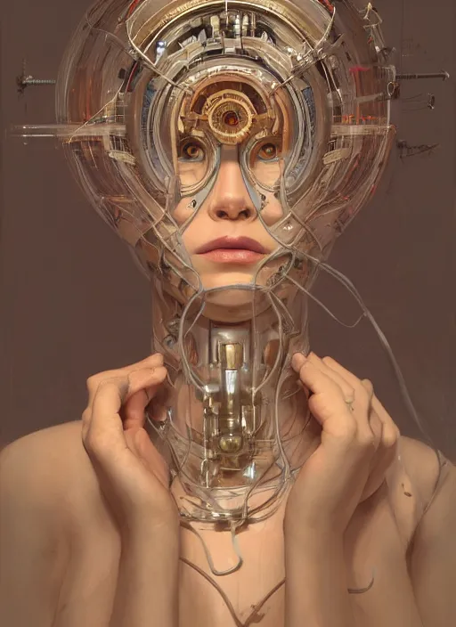Image similar to symmetry! gabbie carter, machine parts embedded into face, tubes and cables, intricate, elegant, highly detailed, digital painting, artstation, concept art, smooth, clockwork, sharp focus, illustration, metart, art by artgerm and greg rutkowski and alphonse mucha, 8 k
