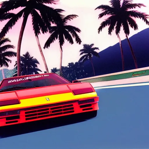 Prompt: SEGA outrun 1986, photorealistic Ferrari Testarossa, racing next to a beautiful white sand beach with palm trees