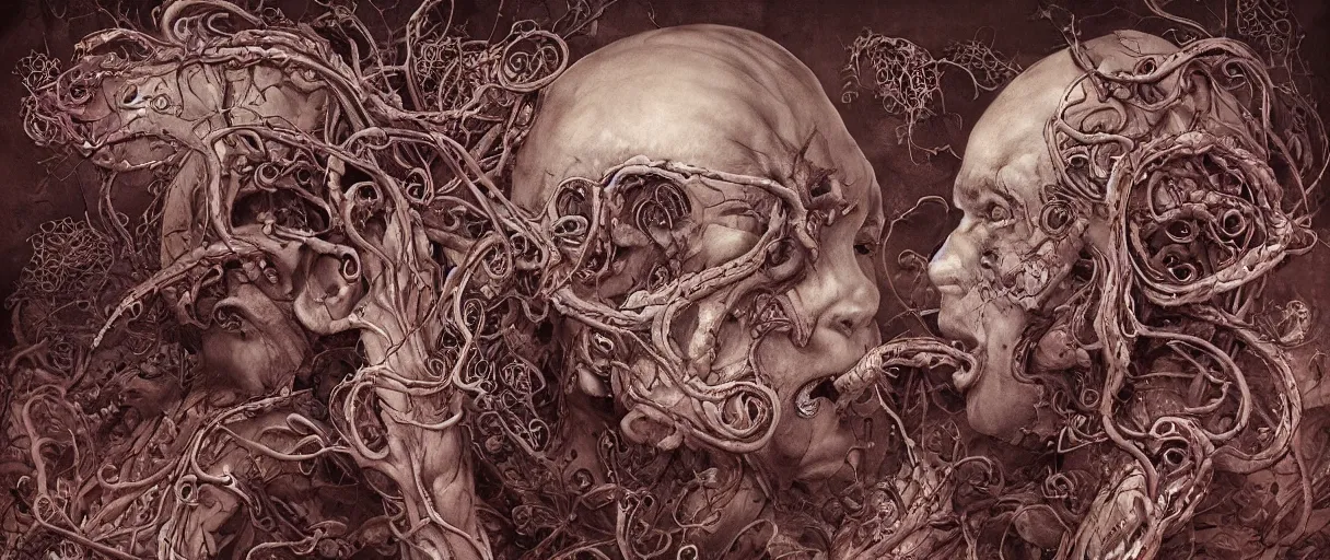 Image similar to centered horrifying detailed side view profile portrait of a insane, crazed, mad old bald zombie, eldritch abomination, dunwitch horror, ornate tentacles growing around, ornamentation, thorns, vines, tentacles, elegant, beautifully soft lit, full frame, 8 k by wayne barlowe, peter mohrbacher, kelly mckernan, h r giger