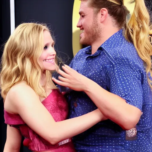 Prompt: photograph of me grabbing kristen bell's fat chubby belly, her belly is fat and round, 8 k, sharp, detailed