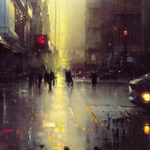 Image similar to cityscape painted by jeremy mann, street - level, dripping oil paint, highly detailed, high resolution