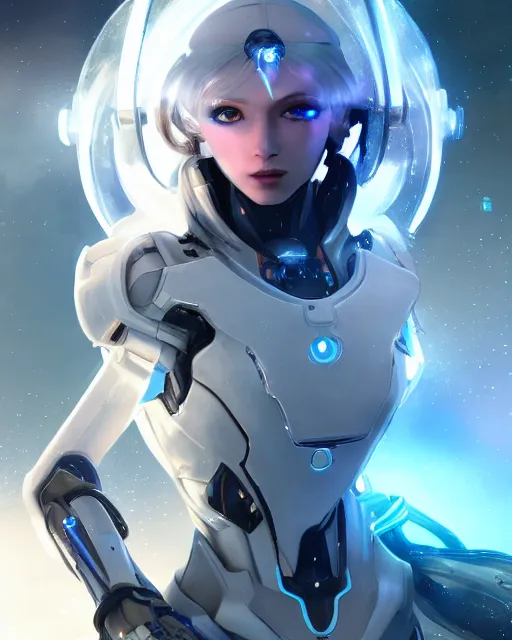 Image similar to perfect android girl on a mothership, warframe armor, beautiful face, scifi, futuristic, galaxy, nebula, raytracing, dreamy, long white hair, blue cyborg eyes, sharp focus, cinematic lighting, highly detailed, artstation, divine, by gauthier leblanc, kazuya takahashi, huifeng huang