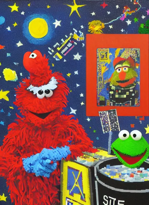 Prompt: realistic detailed pixel art decollage, trash can toter as tarot card fool with sesame street elmo and kermit muppet knight on a horse in a dark red cloudy night sky background and golden foil jewish stars painted by piet mondrian, francis bacon, hilma af klint and leonora carrington, highly detailed, oil glaze, sfumato, 8k cinematic, very coherent symmetrical artwork, cinematic, hyper realism, high detail, 8k, masterpiece