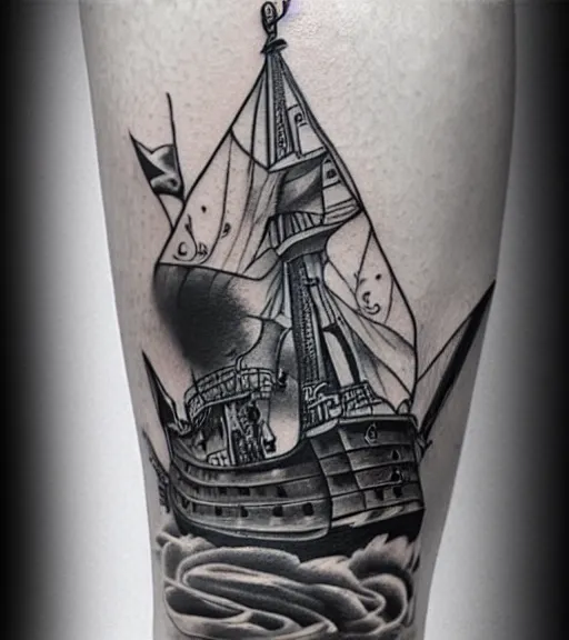 Image similar to A realistic tattoo design of a pirate ship, white background, black and white, highly detailed tattoo, realistic tattoo, realism tattoo, beautiful shades