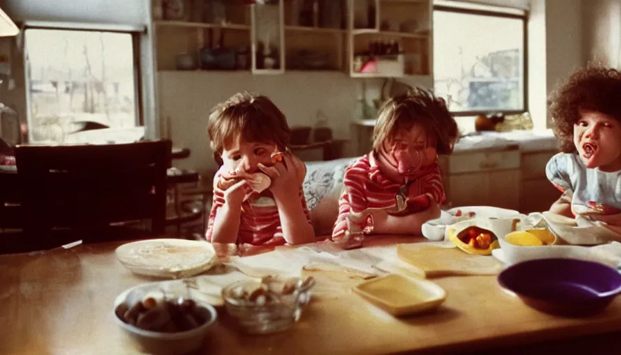 Image similar to 1990s candid 35mm photo of a beautiful day in the family kitchen , cinematic lighting, cinematic look, golden hour, Nintendo's Kirby is eating the family sofa, kids are crying, the Sofa is in Kirby's mouth, UHD