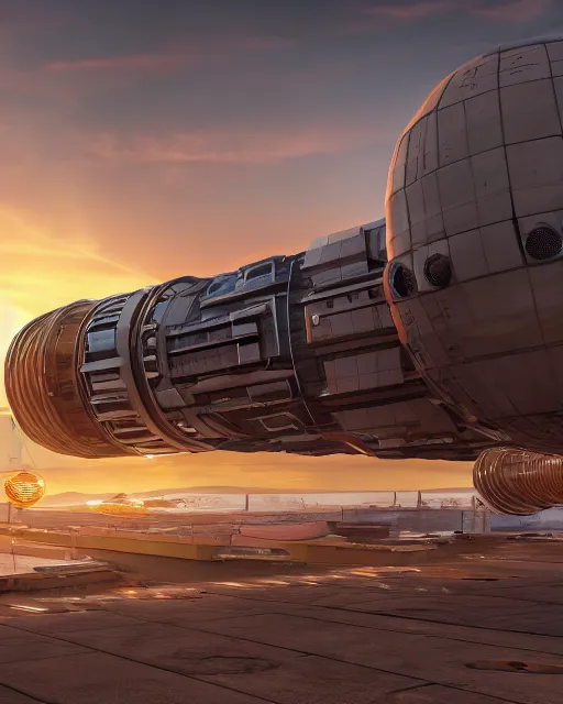 Prompt: 3 d render of a scifi spaceport, sunset lighting, unreal engine, hyper realism, realistic shading, cinematic composition, blender render, octane render, hdr, detailed textures, photorealistic, ultrawide shot