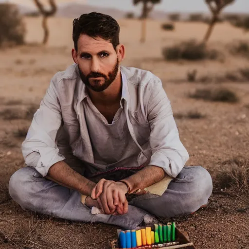 Image similar to portrait of a man wearing cameo, he ‘ s sitting in the desert eating some delicious crayons, beautiful composition, 5 0 mm f 1. 8, ambient light